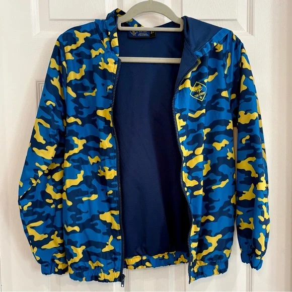Cub Scout BSA Scouting Blue Gold Camo Hooded Windbreaker Jacket Coat Youth Sz L - Picture 8 of 14
